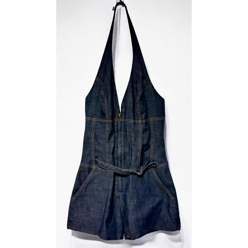 Guess Denim Halter Zip Romper Y2K Dark Wash Jean Belted Shorts Romper Size 30